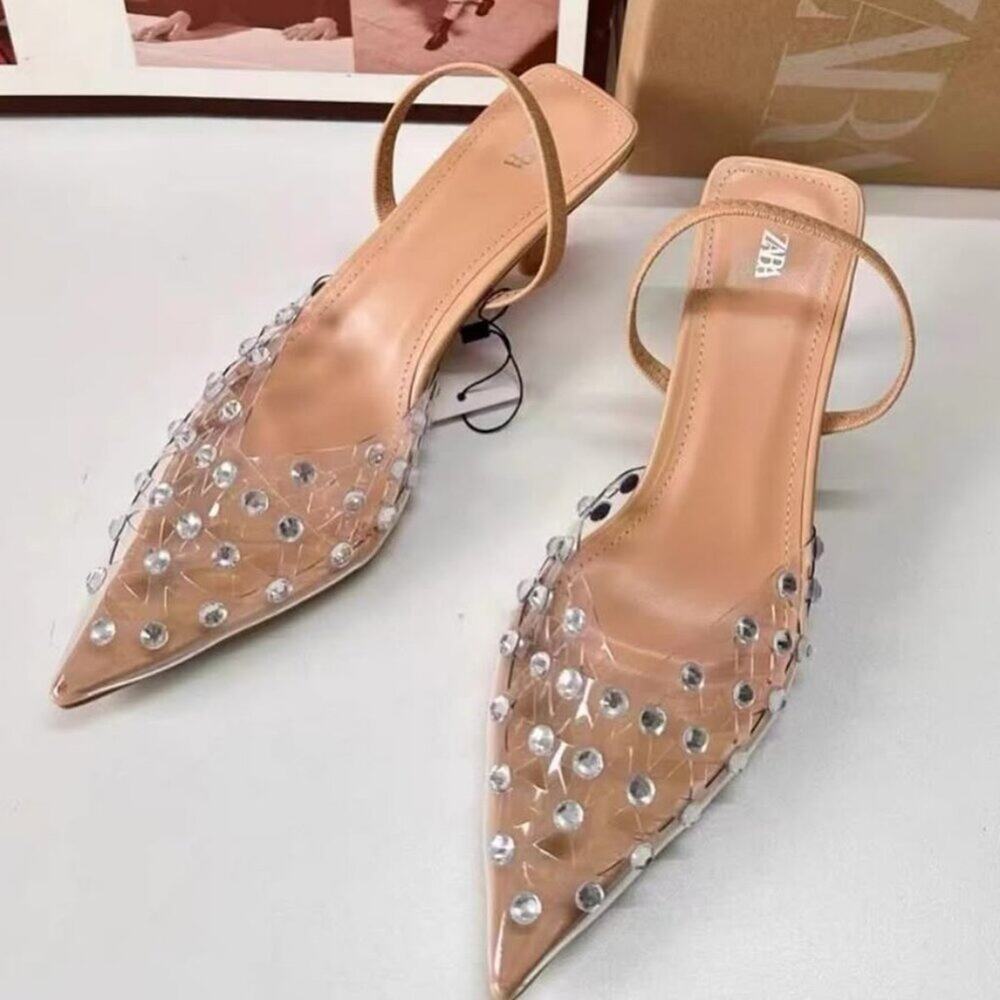 ZARA Rhinestone Slingback Heels NWT Clear Vinyl Pointed Toe Bridal Shoes Size 8 - Picture 10 of 16